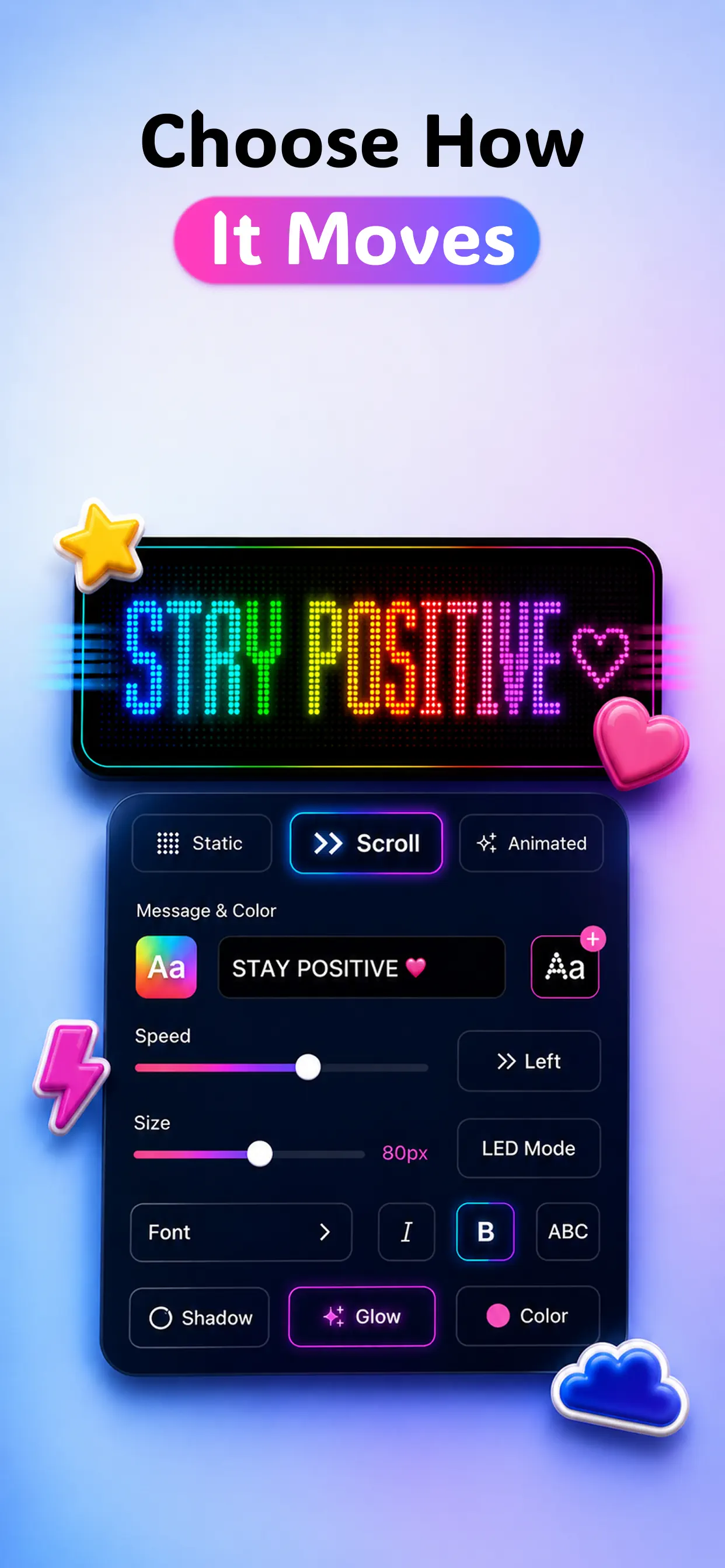 LED Banner App Store promotional image showing message, scrolling speed, text size and color controls