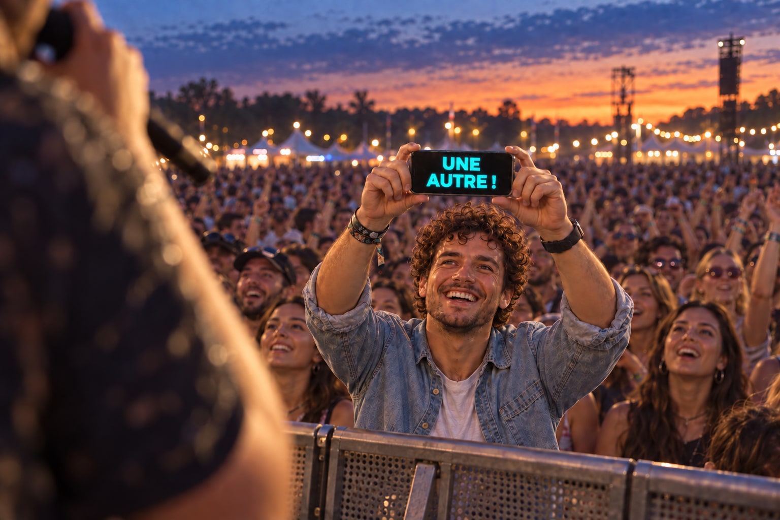 Scène générée par IA : un fan au premier rang montre au chanteur un téléphone affichant « UNE AUTRE ! ».