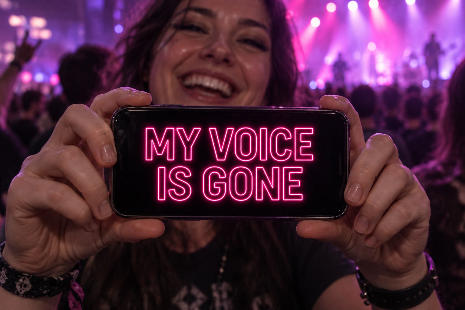 AI-generated scene of a smiling concertgoer holding a phone with pink neon text reading MY VOICE IS GONE.